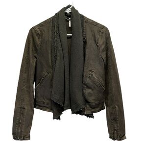 Free People Olive Green Womens Drape Open Front Coated Denim Moto Jacket Size 2‎